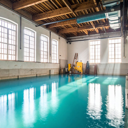 Interior of an old industrial building with a blue swimming pool.の素材
