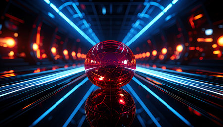 abstract 3d illustration of futuristic tunnel with neon light and sphereの素材