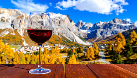 Glass of red wine on the background of Dolomites mountains, Italyの素材