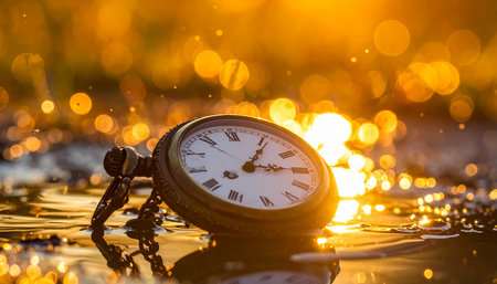 Vintage pocket watch on the background of golden sunset. Time conceptの素材