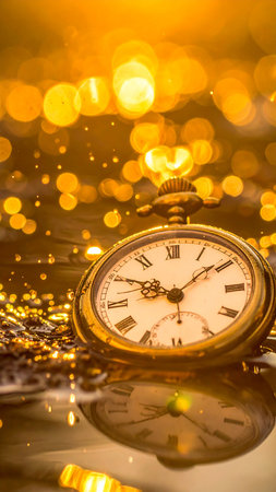 Vintage pocket watch in water with golden bokeh background.の素材
