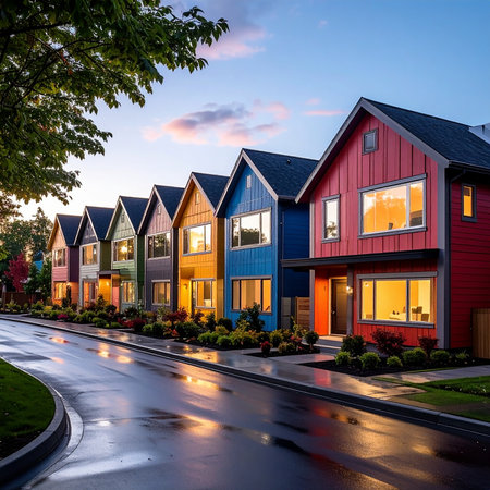 Row of colorful houses in a row at dusk, Seattle, Washington.の素材