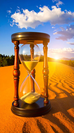 Sand clock in the desert at sunset. Concept of time and deadlineの素材
