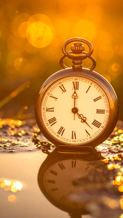 Vintage pocket watch on the background of the setting sun and bokehの素材