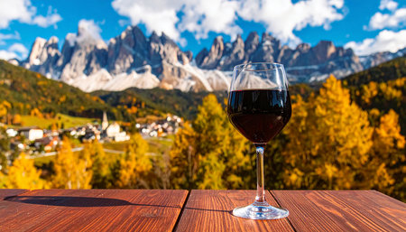 Glass of red wine on the background of Dolomites mountains, Italyの素材