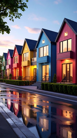 Row of colorful houses in a row on the city street at duskの素材
