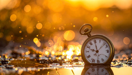Vintage pocket watch on the background of the sunset. Time conceptの素材