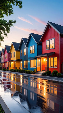 Row of colorful houses with reflection in a puddle at dusk.の素材