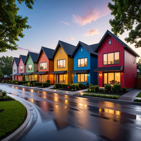 Colorful homes in a row at dusk in the suburbs of Toronto, Canada.の素材