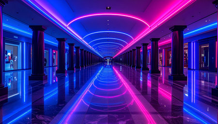 Futuristic corridor with glowing neon lights. 3D rendering.の素材