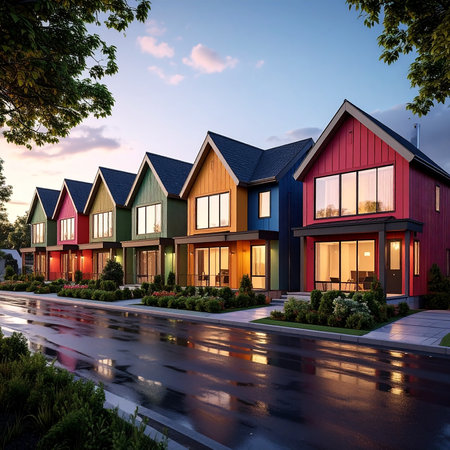 Colorful modern houses on the street in the evening. Evening lightの素材