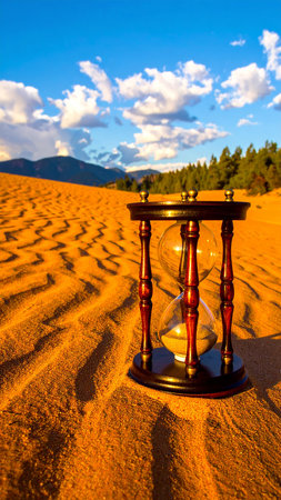 Sandglass in the desert at sunset. Sand clock in the desertの素材
