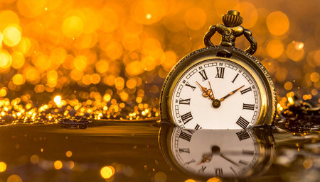 New Year and Christmas concept. Vintage pocket watch on bokeh backgroundの素材