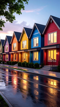 Colorful row of houses in a row in the street at duskの素材