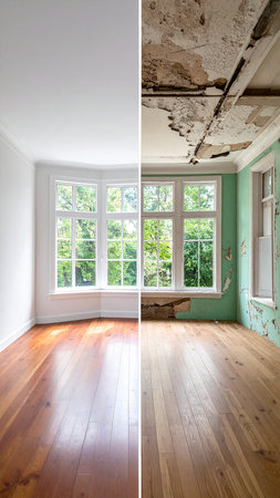 Interior of empty room with white walls and parquet floor.の素材