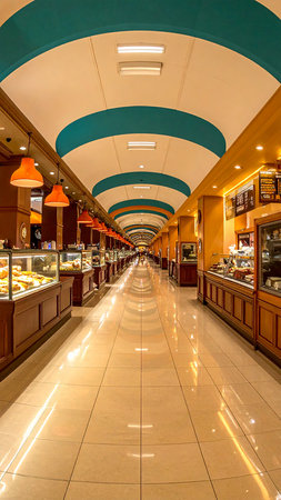 Interior of a hotel lobby with a lot of food and drinksの素材