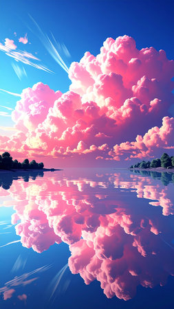 Sunset over the lake with pink clouds and reflection on the waterの素材