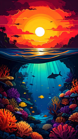Underwater scene with coral reef and fishes at sunset, vector illustrationの素材
