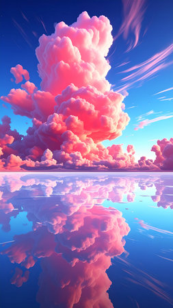 Beautiful sunset sky with clouds reflected in water. 3d renderの素材