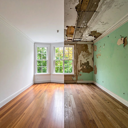 Empty room with parquet floor and green walls. Northwest, USAの素材