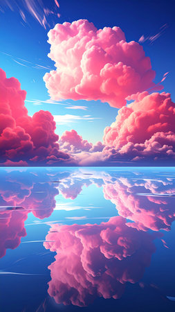 Beautiful sunset sky with clouds reflected in water. 3D illustrationの素材