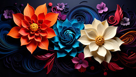 3d illustration of abstract floral background with red, orange and blue flowersの素材