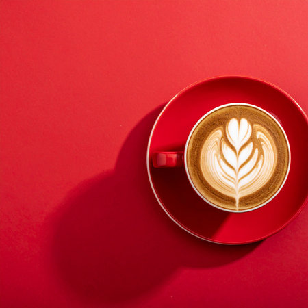 Cup of coffee with latte art on red background, top viewの素材