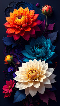 Beautiful floral background with dahlias and leaves. Vector illustration.の素材
