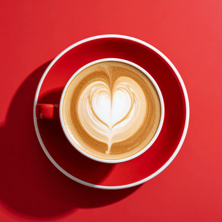 Cup of cappuccino with heart shape on red backgroundの素材
