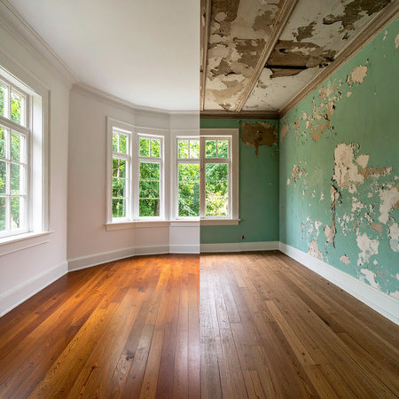 Empty room with parquet floor and old walls. Northwest, USAの素材