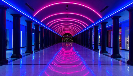 Interior of a corridor in a shopping mall with neon lights.の素材