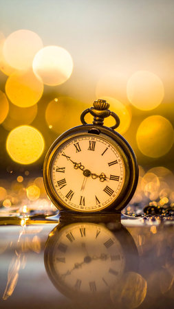 Vintage pocket watch on bokeh background, New Year conceptの素材