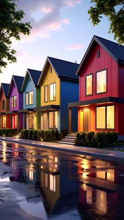 Row of colorful houses on the street in the evening. Real estate concept.の素材