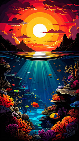 Underwater landscape with coral reef, fishes and sun. Vector illustration.の素材