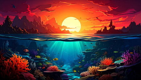 Underwater landscape with coral reef and fishes at sunset. Vector illustrationの素材