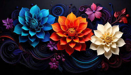 Colorful floral background with dahlia flowers on black. Vector illustration.の素材