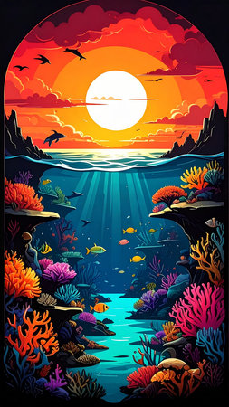 Sunset over the sea with coral reef and fishes. Vector illustrationの素材