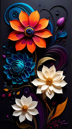 beautiful floral decoration on the black background, closeup of photoの素材