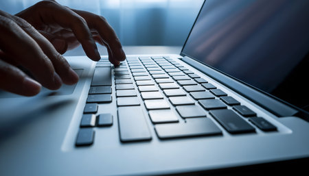 Close-up of a man's hand typing on a laptop keyboardの素材