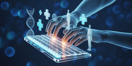 Close up of human hands typing on keyboard with medical icons. 3D renderingの素材