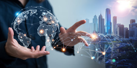 Businessman on blurred background using global network connection interface 3D renderingの素材