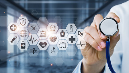 Medical Healthcare Concept - Doctor in hospital with digital medical icons graphic banner showing symbol of medicine, medical care people, emergency service network, doctor data of patient health.の素材