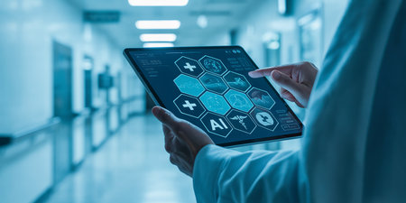 Medical technology concept on virtual screen. Doctor working with modern computer interface as medical conceptの素材