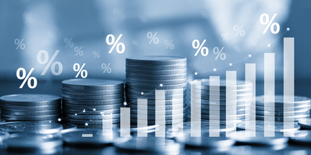 Double exposure of coin stack with graph stock market and business finance concept idea.の素材
