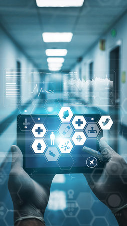 Medical Healthcare Concept - Doctor using smart medical health care application on virtual screen.の素材