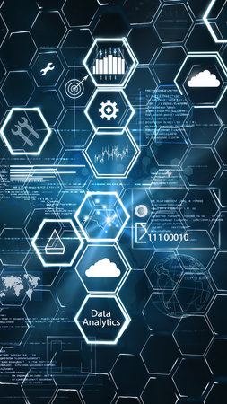 Digital background image with icons on media screen. Technology concept. 3D Renderingの素材