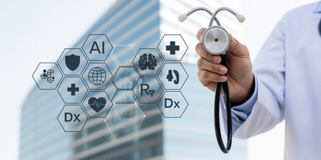 doctor with stethoscope and medical icons on the cityscape backgroundの素材
