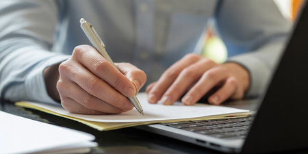 Close-up of businesswoman writing in notepad while using laptopの素材