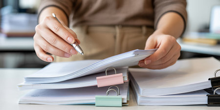 Closeup of businesswoman hand holding pen and taking notes in documentsの素材