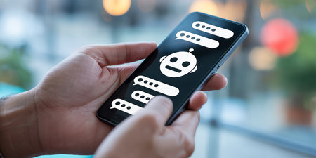 Smartphone screen displaying a chatbot concept (selective focus)の素材